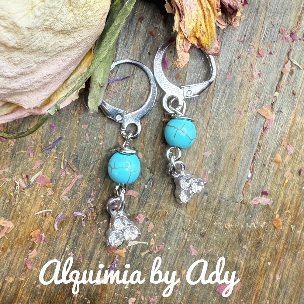 TURQUOISE silver mini hoops crystal trio dangles+ Out of the Sea Earrings